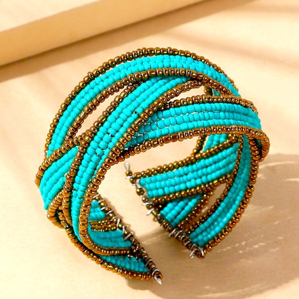 Large Turquoise Seed Cuff Stretchable Bracelet